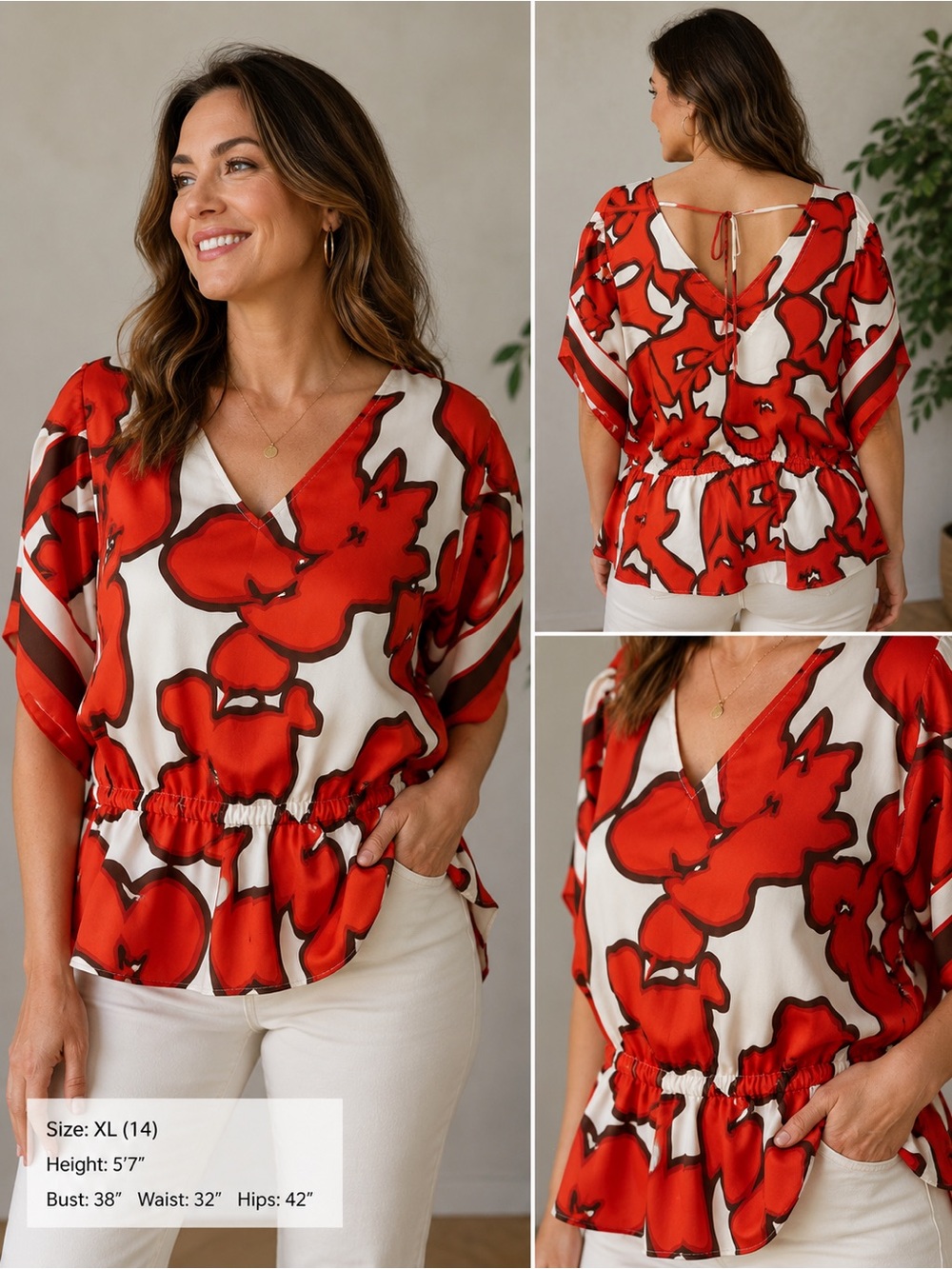 Nine West Red and White Floral V-Neck Peplum Top